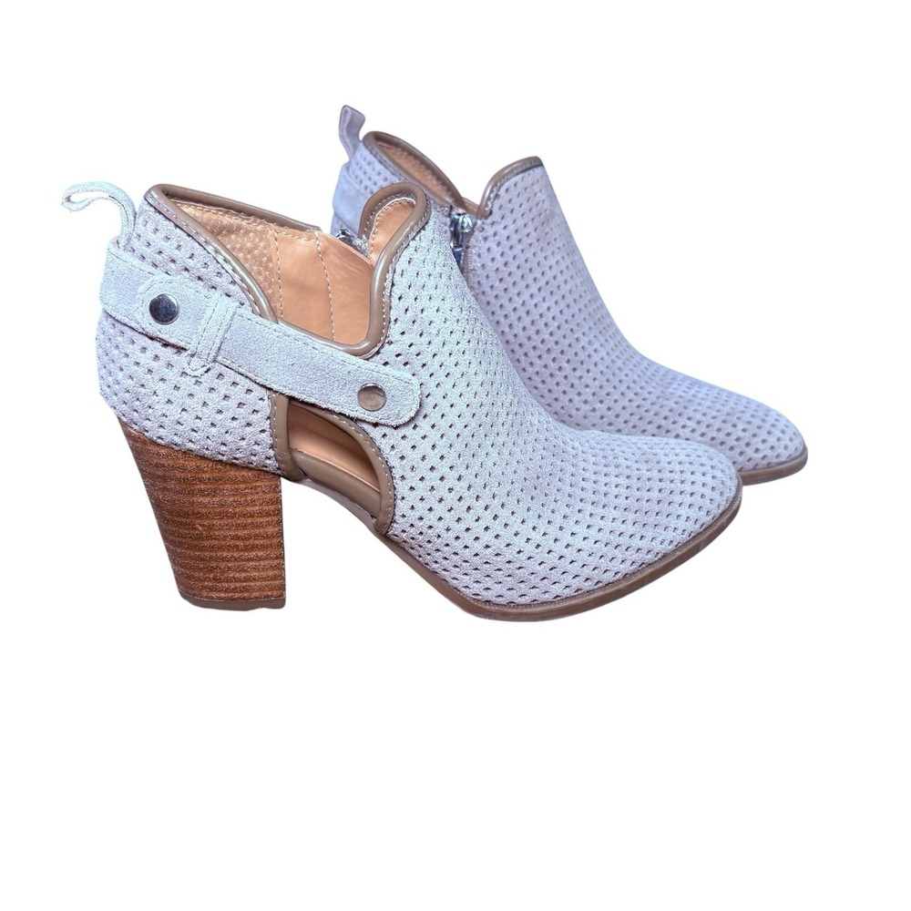 Franco Sarto Perforated Suede Ankle Booties Gray Taupe Block Heel Women's 6